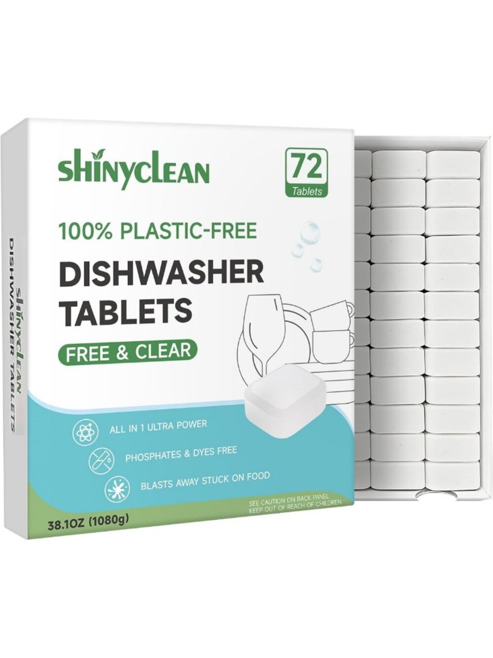 Eco-Friendly Dishwasher Tablets, 100% Plastic-Free, Free & Clear, 72 Count